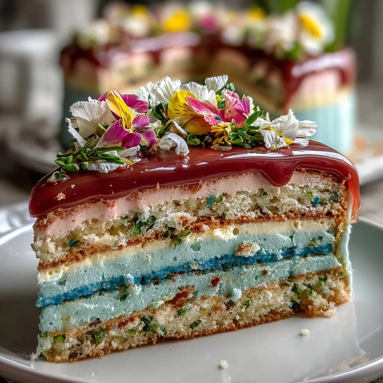 Beautiful spring layer cake in pastel shades, crowned with fresh edible flowers for a festive look.