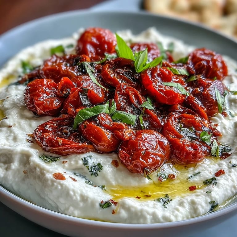 Tangy whipped feta dip topped with oven-roasted cherry tomatoes, garnished with fresh basil and extra virgin olive oil.