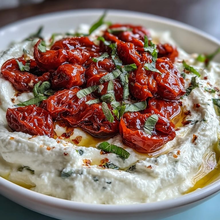 Creamy whipped feta blended with cream cheese and lemon, served with caramelized roasted cherry tomatoes and a drizzle of olive oil.  