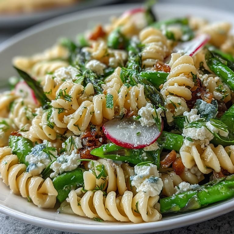 Vibrant spring pasta salad featuring al dente pasta, crisp vegetables, and tangy lemon dressing, garnished with herbs and optional feta for extra flavor.