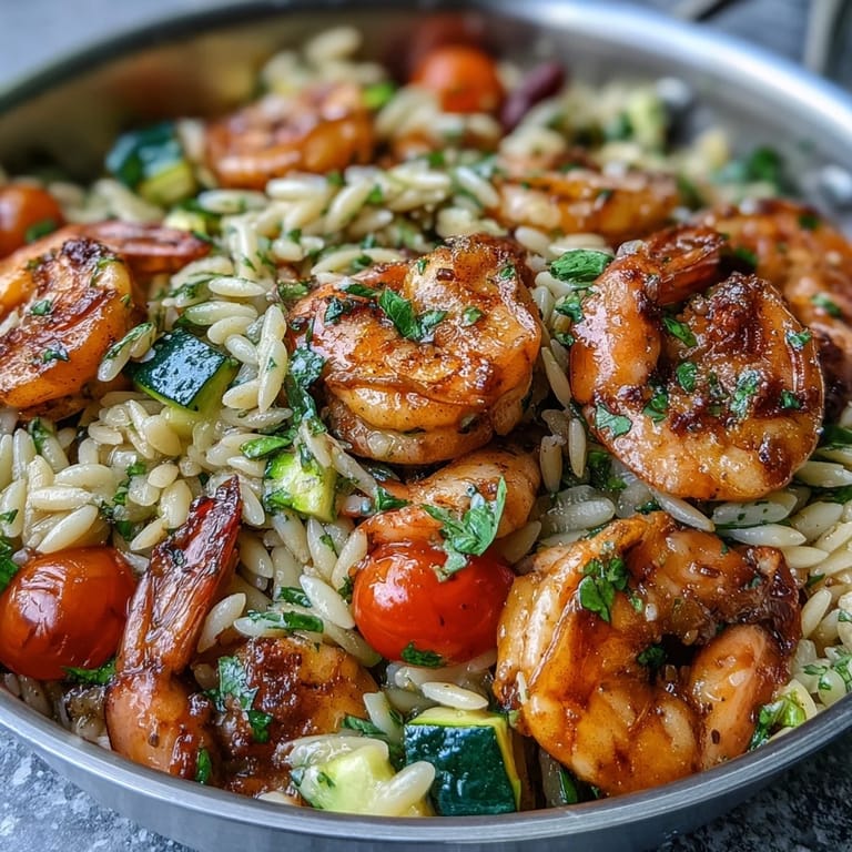 Juicy shrimp, tender orzo, and fresh vegetables simmered in lemon butter sauce, creating a vibrant Mediterranean-inspired dinner.