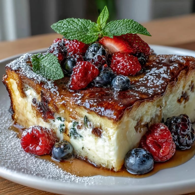 Warm, golden pancake casserole layered with juicy berries and a rich vanilla custard, ideal for a special Mothers Day breakfast or brunch gathering.