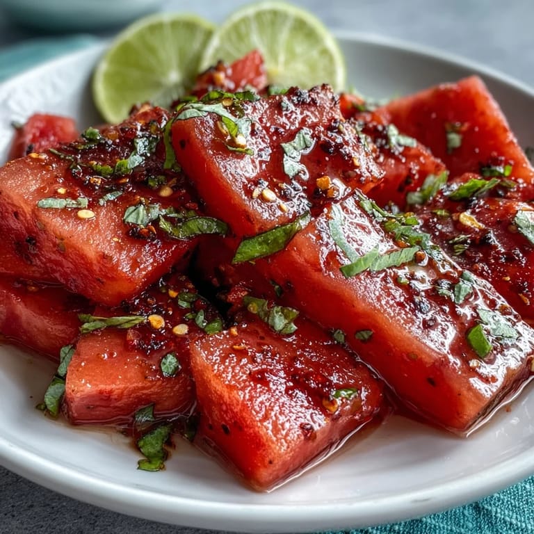 Colorful watermelon sticks seasoned with Tajin and lime offer a sweet, spicy, and citrusy beach-ready snack.