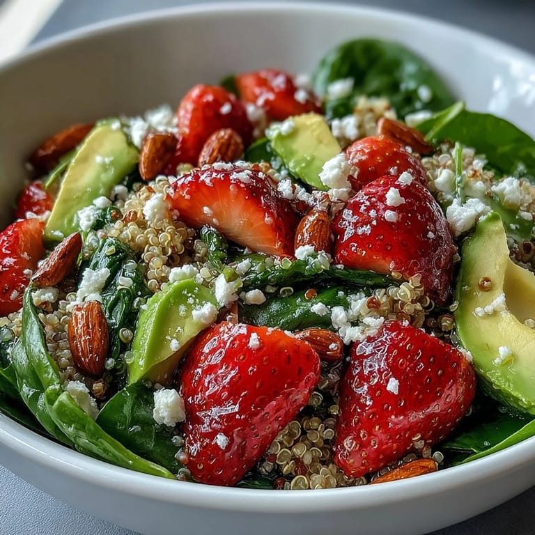 Vibrant quinoa salad featuring fresh strawberries, diced avocado, and toasted almonds, drizzled with zesty lemon-honey dressing.