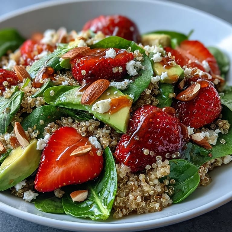 Refreshing strawberry and avocado quinoa salad with baby spinach, basil, and optional feta, perfect for a light lunch.