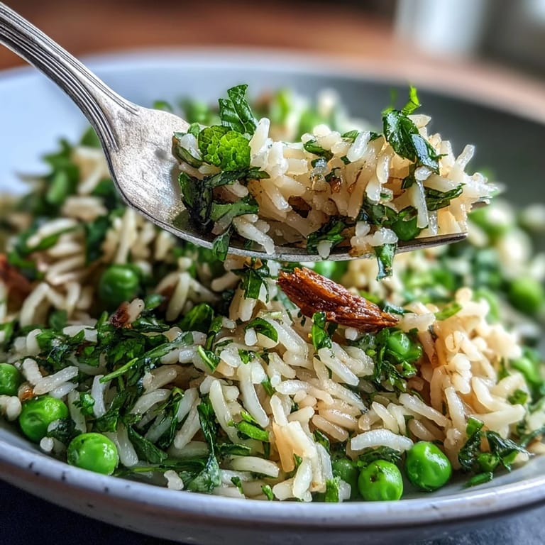Savory rice pilaf with fresh mint and sweet peas, ready for serving.
