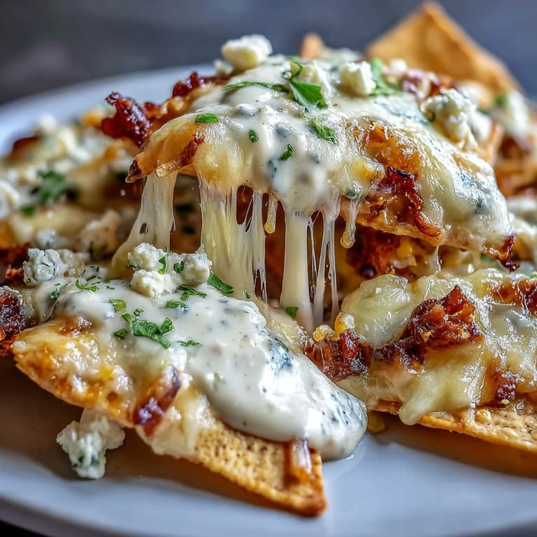 Oven-baked nachos featuring Mexican street corn, jalapeño slices, and a creamy chipotle sauce, perfect for sharing at parties.