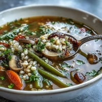 A steaming bowl of rustic vegetable barley soup with mushrooms, featuring tender barley, earthy mushrooms, and colorful vegetables in a savory broth.