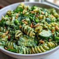 Spring Green Goddess Pasta Salad with Peas and Herbs - a vibrant bowl of al dente pasta, crisp sugar snap peas, and fresh herbs tossed in creamy green goddess dressing.