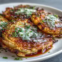 Crispy air fryer cabbage steaks with golden edges, brushed with rich garlic butter for a savory vegetarian side dish.  