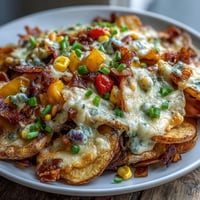 Vibrant rainbow veggie Irish nachos with crispy potato rounds, melted cheddar, and colorful peppers, served with tangy Greek yogurt ranch. A fresh, healthy twist on classic nachos perfect for sharing.