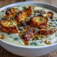 Creamy leek and potato soup with sourdough croutons in a white bowl, garnished with fresh chives and golden croutons.  
