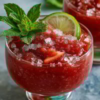 Vibrant frozen strawberry daiquiri mocktail with lime sugar rim, perfect for summer gatherings and non-alcoholic refreshment.