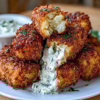 Golden crispy funeral potatoes croquettes in the air fryer, packed with cheesy mashed potatoes and crunchy cornflake coating.  