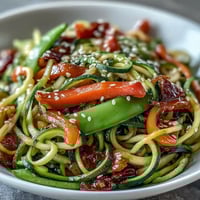 Healthy Easy Zucchini Noodle Stir Fry with vibrant spiralized zucchini and crisp vegetables in a savory sesame sauce.  