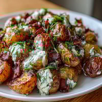 Loaded baked potato salad with BBQ flavors, crispy bacon, cheddar cheese, and fresh herbs, perfect for summer gatherings.  