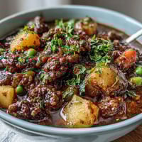 Hearty Shepherds Pie Soup with ground beef, veggies, and potatoes in a savory broth, perfect for a cozy dinner.