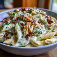 Creamy Crockpot Mississippi Chicken Pasta with tender shredded chicken and tangy pepperoncini in a rich, buttery sauce.