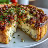 Savory spring quiche with leeks and Gruyere, golden and custardy, fresh herbs adding aroma and color.