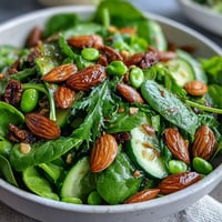 A vibrant spring green salad with honey mustard dressing, topped with crunchy toasted almonds and fresh herbs. Perfect for a light lunch or healthy appetizer.