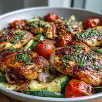 Juicy chicken breasts roasted with zucchini and cherry tomatoes on a colorful sheet pan dinner.