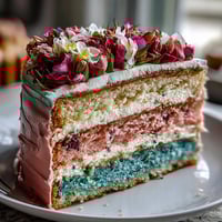 Pastel ombre spring cake with floral topper, featuring soft gradient layers and edible blossoms on top.  