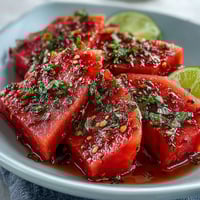 Fresh watermelon slices topped with tangy Tajin seasoning and a squeeze of lime juice for a vibrant, zesty snack.  